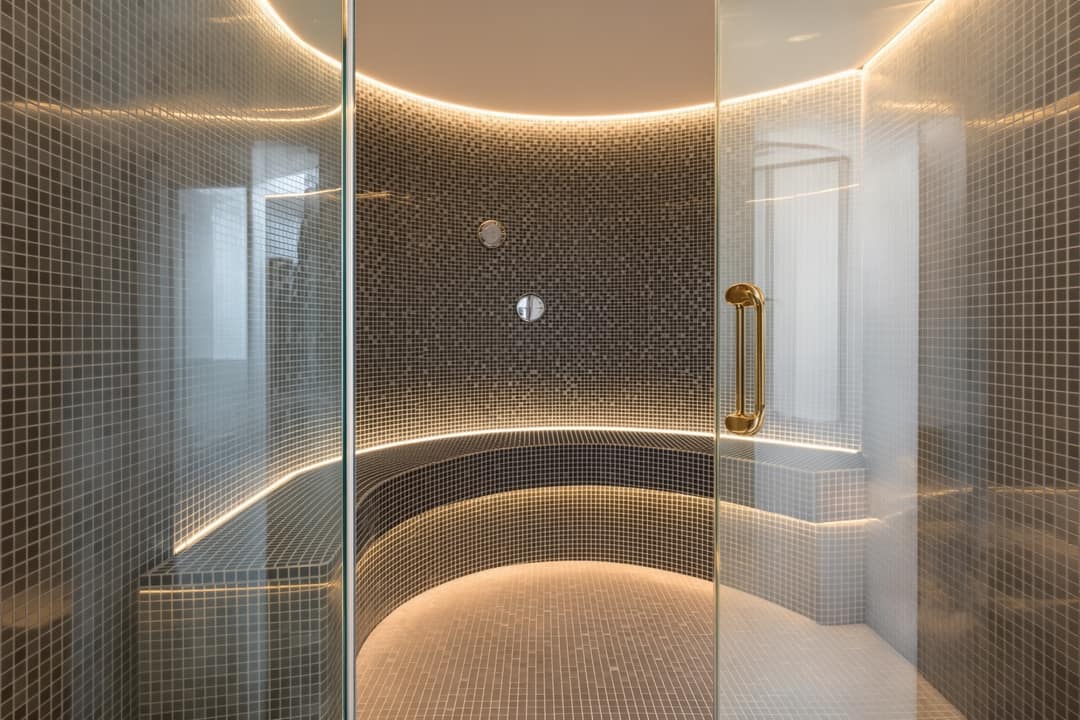 Dampfbad mit dunklem Mosaik und geschwungener Sitzbank, hinter einer Glastür