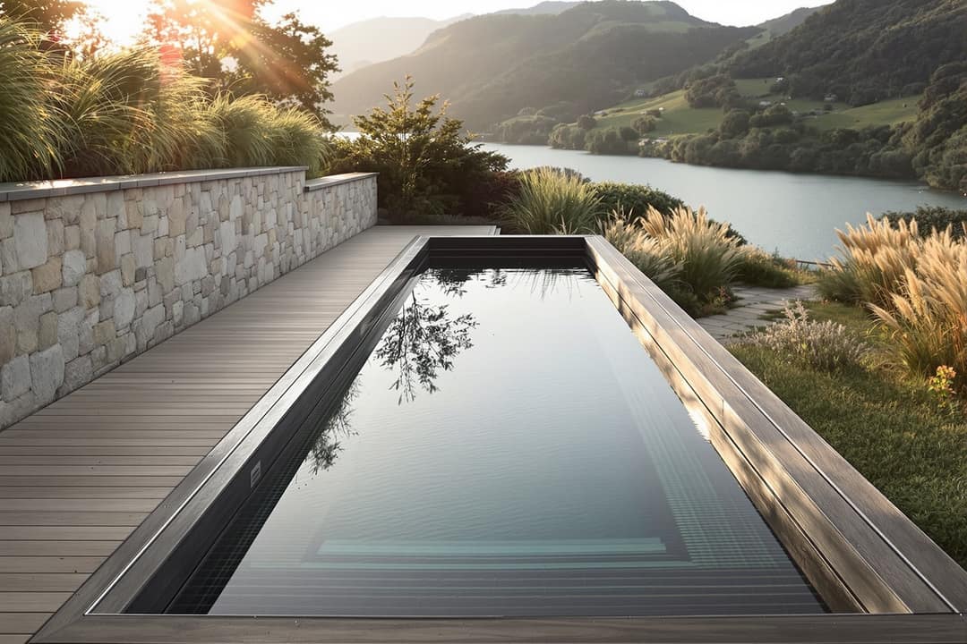Schmaler Pool mit Holzdeck und Natursteinmauer in einem Garten am Hang über einem See